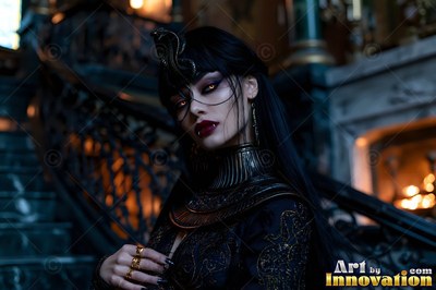 A woman with black hair stands by a staircase in low blue-tinged light