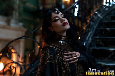 Looking up by a dark staircase, a pale woman dressed in a gold collar necklace and fangs