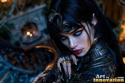 A pale-skinned woman with dark hair wears a coiled snake headpiece in dim light
