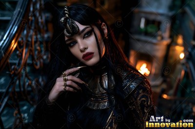 In a dim room by a fireplace, a very pale woman wears a dark snake crown and rings