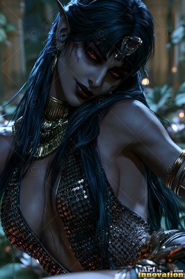 Glancing down in dim light, a pale woman wears dark lipstick and heavy gold ornaments