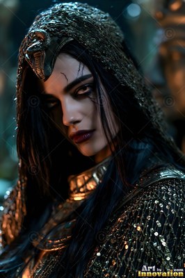 A pale-skinned woman in dark makeup wearing a beaded hood with a snake headpiece