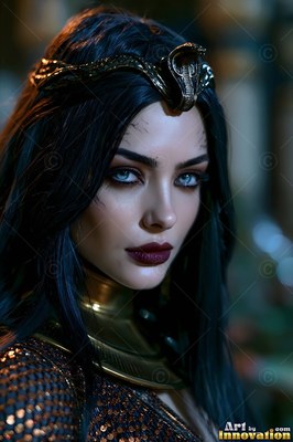 A snake circlet crowns a pale woman with blue eyes against dark shadows