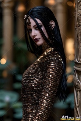 A pale-skinned woman in a bronze scale dress stands near a carved pillar in soft dim light