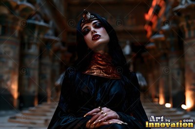 A very pale woman in black robes sits with fangs out in a dark stone hall