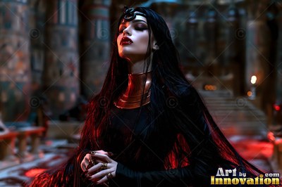 In a dark stone hall, a pale-skinned woman in black tilts her head back with a golden collar