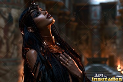 Looking up in a dark tomb, a woman in a gold collar rests a hand on her chest