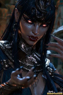 Woman with pale skin with fangs, red eyes, and a snake headdress
