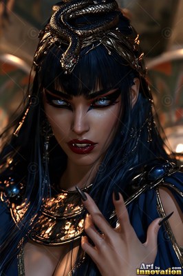 A gold snake crown rests on a pale-eyed woman with fangs in a dim room