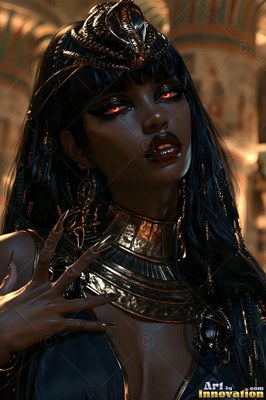 A dark-skinned woman tilts her head with bared fangs under warm candlelight