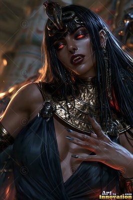 Facing forward in a temple, a vampire woman has on a gold collar