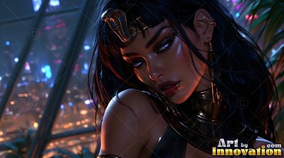 A woman with dark hair in gold ornaments looks down near a window above city lights