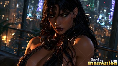 Above a night city, a dark-haired woman sits wearing a heavy gold collar necklace
