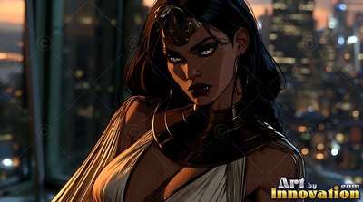 Gazing ahead, a black-haired woman wears a wide gold collar before city lights