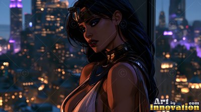 Woman with black hair in gold ornaments looking back against city lights at night