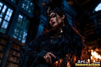 A woman leans forward in black robes as warm candlelight shines on her dark hair
