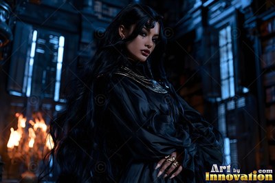 Turned sideways in a dark library, a pale woman dressed in black silk and gold