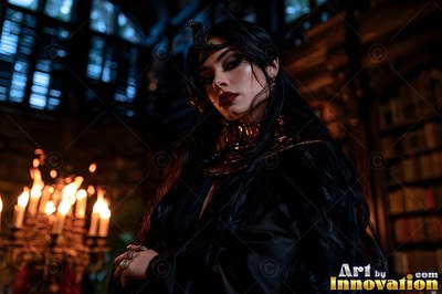 A woman with dark hair in a black robe and gold collar necklace stands near candlelight