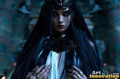 In a dim stone hall, a very pale woman with red eyes wears dark jewelry and rings