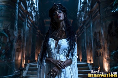 A woman in a white dress stands in a dark stone hall