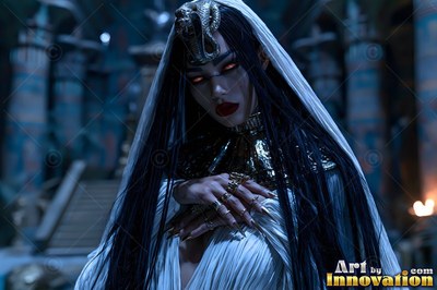 A cobra headpiece sits on a dark-haired woman in a white veil inside a dim stone temple