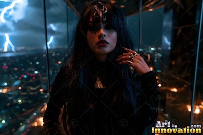 A woman in black looks out from a high window under flash of lightning