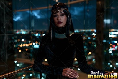 A black-haired woman in a black velvet dress and gold headpiece looks out over a city at night