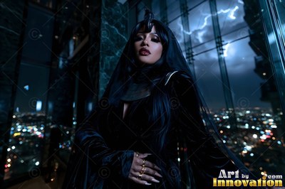 In a high-rise at night, a woman in a black velvet gown stands by lightning