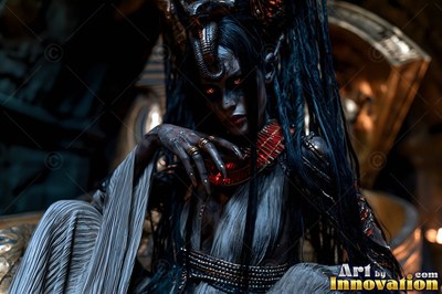 Sitting on a throne, a dark-haired vampire woman clad in a red collar and headpiece