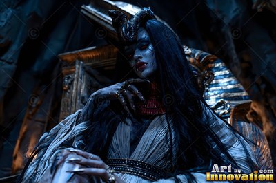 Vampire woman with dark horns sitting on an Egyptian throne
