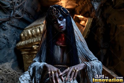 A woman with pale skin wearing a dark headdress and veil sits in a dusty stone tomb by a golden chest