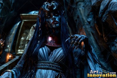 A pale woman reaches out one clawed hand under cool blue shadow