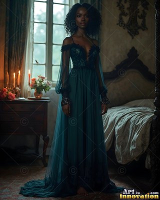 In a dim bedroom, a Black woman stands in a dark green gown beside a bed