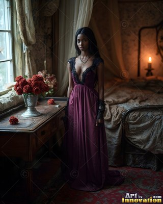 Standing by a window, a young woman wears a dark plum gown in a dim bedroom