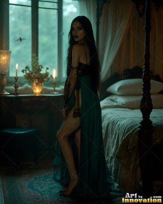 Wearing a dark green dress, a woman stands barefoot in a dim bedroom by a canopy bed