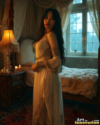 A woman in a white dress stands in a bedroom lit by warm orange lamplight