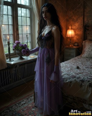 Standing in a dim bedroom, a pale woman wears a sheer lavender nightgown