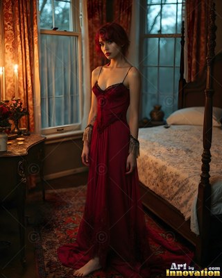A barefoot woman in a long red dress stands beside an old bed in a dim room