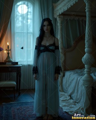 In a moonlit bedroom, a pale woman in a sheer blue nightgown stands by a bed