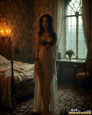 Standing in a dim bedroom, a pale woman wears a sheer white nightgown near candlelight