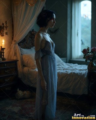 Woman in a pale blue nightgown standing by a dark bed