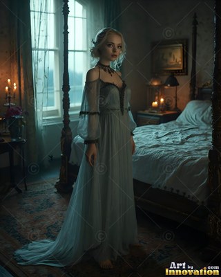 A young woman stands by a four-poster bed in a dark bedroom lit by dim candles
