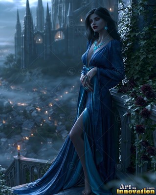 Standing on a balcony, a woman in a dark blue gown looks past a castle