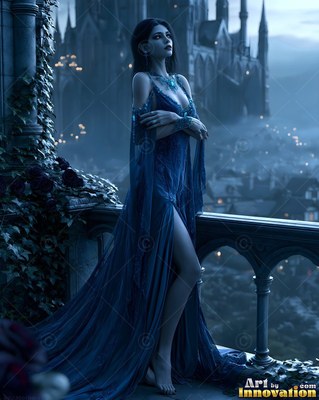 A woman in a dark blue gown stands barefoot on a balcony at night