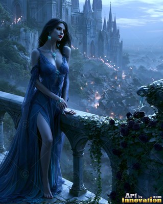Standing on a stone balcony, a woman in a blue gown looks out over a dark castle
