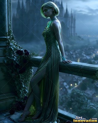 A woman in a green gown leans on a balcony above a town