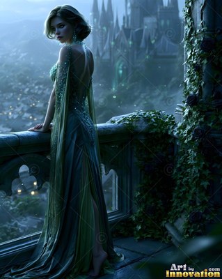 A young woman stands on a stone balcony in a green gown in dim twilight