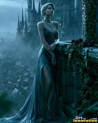 Standing on a stone balcony, a woman in a dark dress looks out at a misty castle