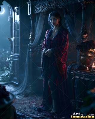 A barefoot pale woman in a dark red robe stands beside her bed in the moonlight