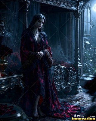 In a dark gothic bedroom, a barefoot woman stands in a red and black robe